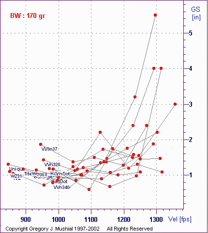  Group Size graph for 300 Win Mag with 170gr RNFPbb