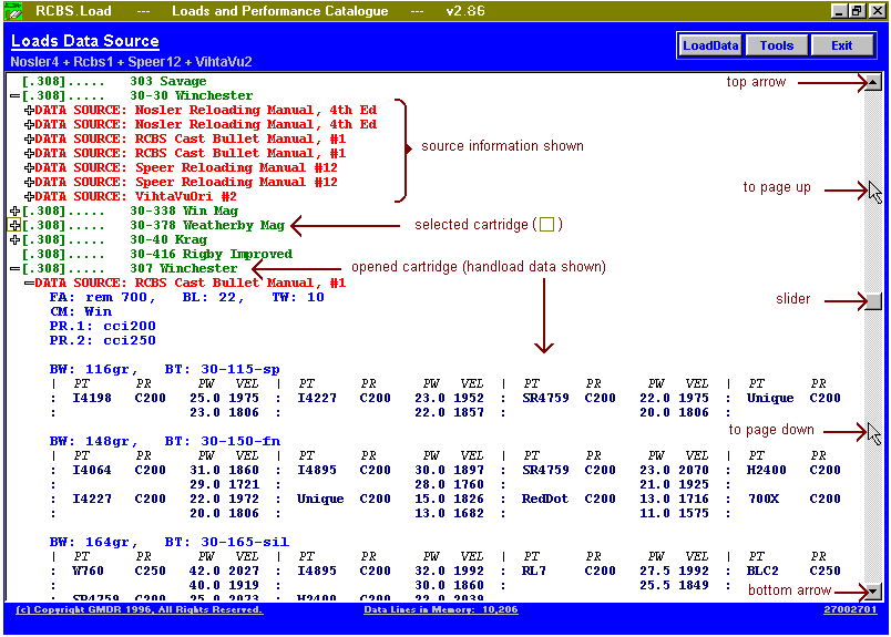 Main Cartridge Window with handload data
